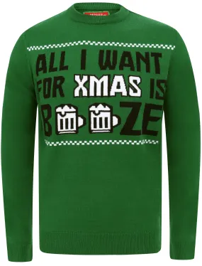 All I Want Booze Motif  Novelty Christmas Jumper in Green - Merry Christmas