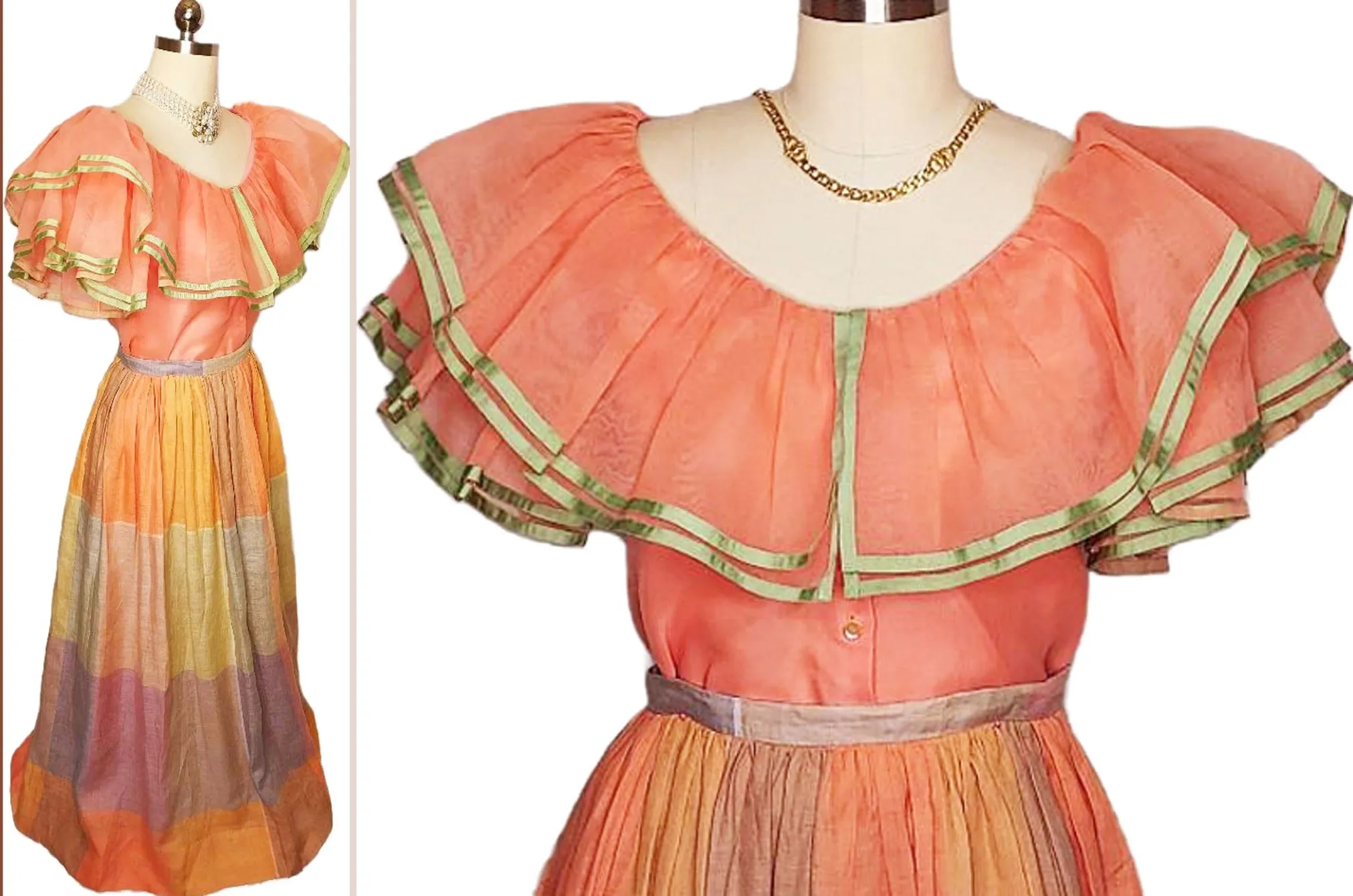 *  VINTAGE WILLIAM PEARSON PEACH ORGANZA BLOUSE AND PLAID SKIRT ENSEMBLE - PERFECT FOR SPRING AND SUMMER EVENTS