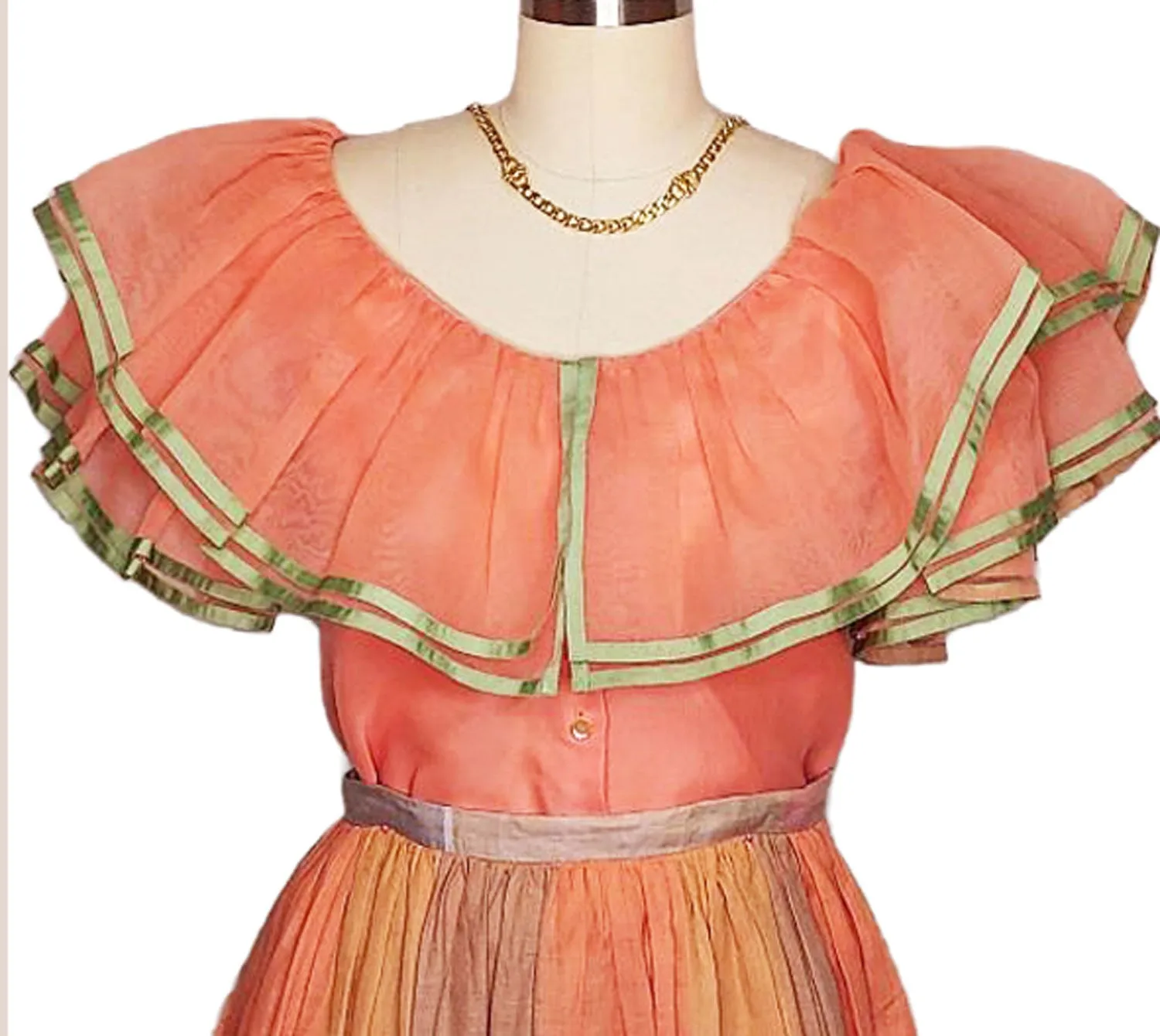 *  VINTAGE WILLIAM PEARSON PEACH ORGANZA BLOUSE AND PLAID SKIRT ENSEMBLE - PERFECT FOR SPRING AND SUMMER EVENTS