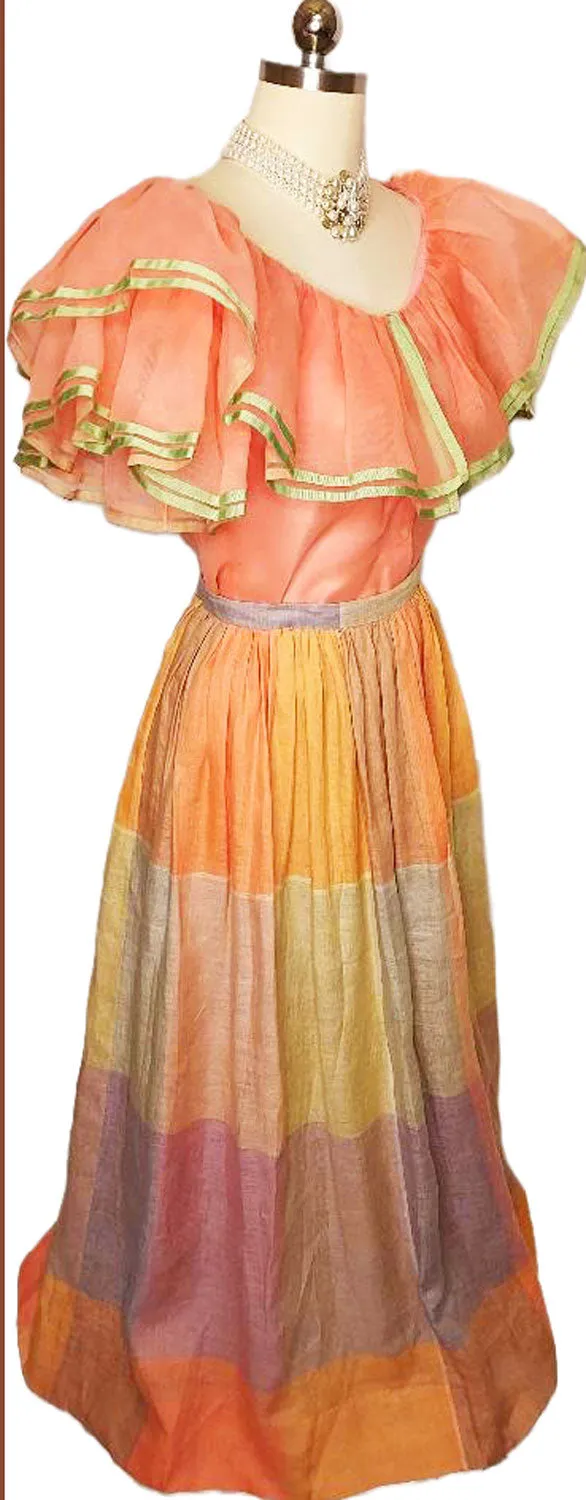 *  VINTAGE WILLIAM PEARSON PEACH ORGANZA BLOUSE AND PLAID SKIRT ENSEMBLE - PERFECT FOR SPRING AND SUMMER EVENTS