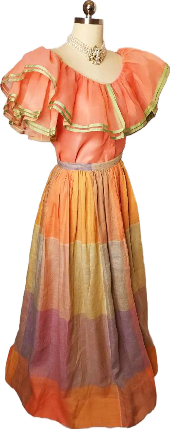 *  VINTAGE WILLIAM PEARSON PEACH ORGANZA BLOUSE AND PLAID SKIRT ENSEMBLE - PERFECT FOR SPRING AND SUMMER EVENTS