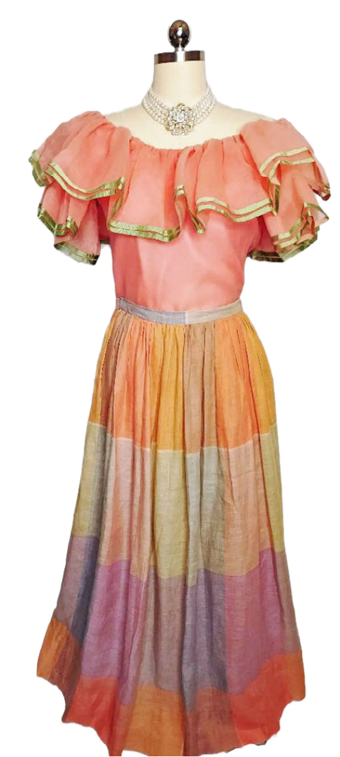 *  VINTAGE WILLIAM PEARSON PEACH ORGANZA BLOUSE AND PLAID SKIRT ENSEMBLE - PERFECT FOR SPRING AND SUMMER EVENTS