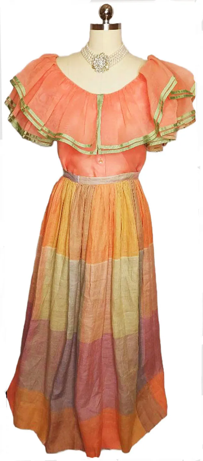 *  VINTAGE WILLIAM PEARSON PEACH ORGANZA BLOUSE AND PLAID SKIRT ENSEMBLE - PERFECT FOR SPRING AND SUMMER EVENTS