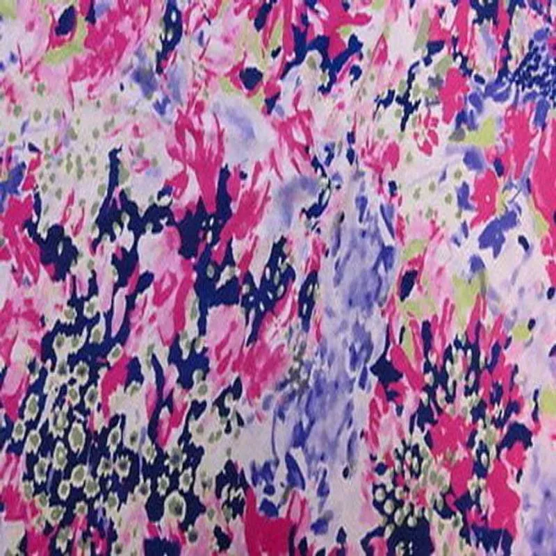 100% Rayon Beautiful Distorted Flowers With Hue Of Blue, Fuchsia, Green and White Tones 58" / 60" Fabric