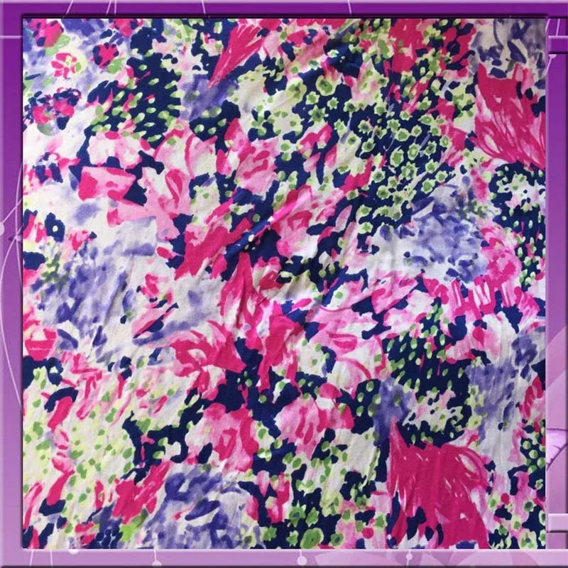 100% Rayon Beautiful Distorted Flowers With Hue Of Blue, Fuchsia, Green and White Tones 58" / 60" Fabric