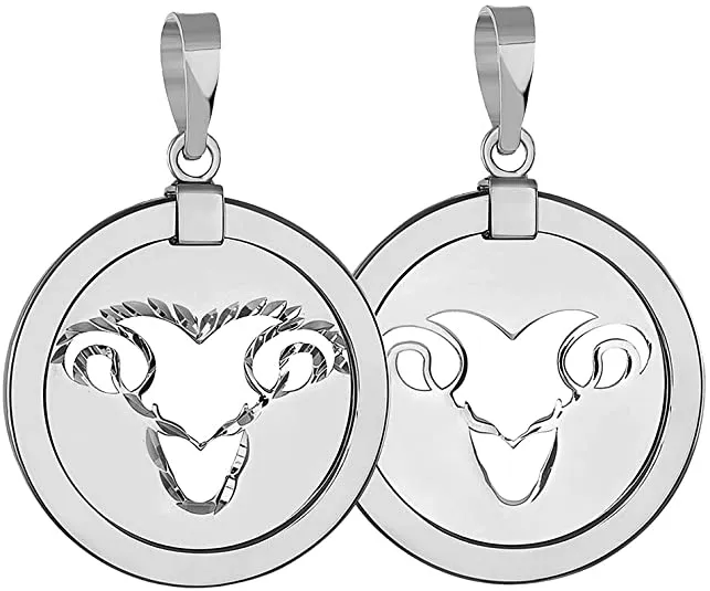 14k White Gold Reversible Round Zodiac Sign Medal Pendant