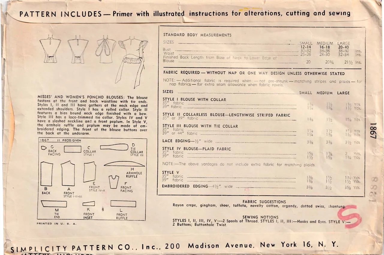 1946 Poncho (Wrap) Blouses, Original Simplicity 1867  30"-32" bust