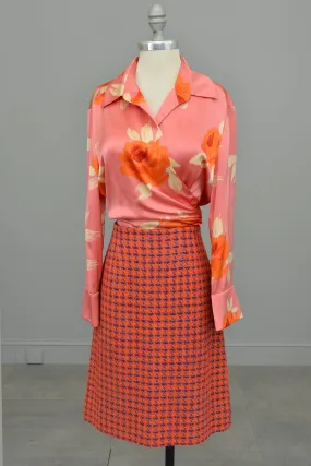 1980s Pink Silk Floral Rose Print Wrap Front Blouse by Ellen Tracy