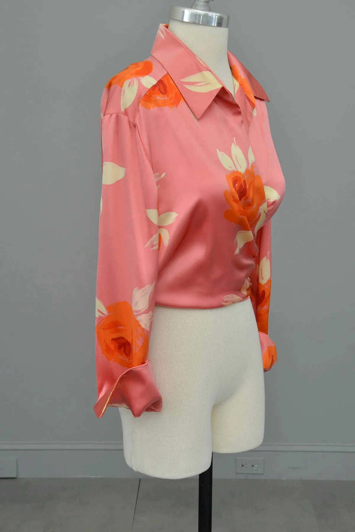 1980s Pink Silk Floral Rose Print Wrap Front Blouse by Ellen Tracy