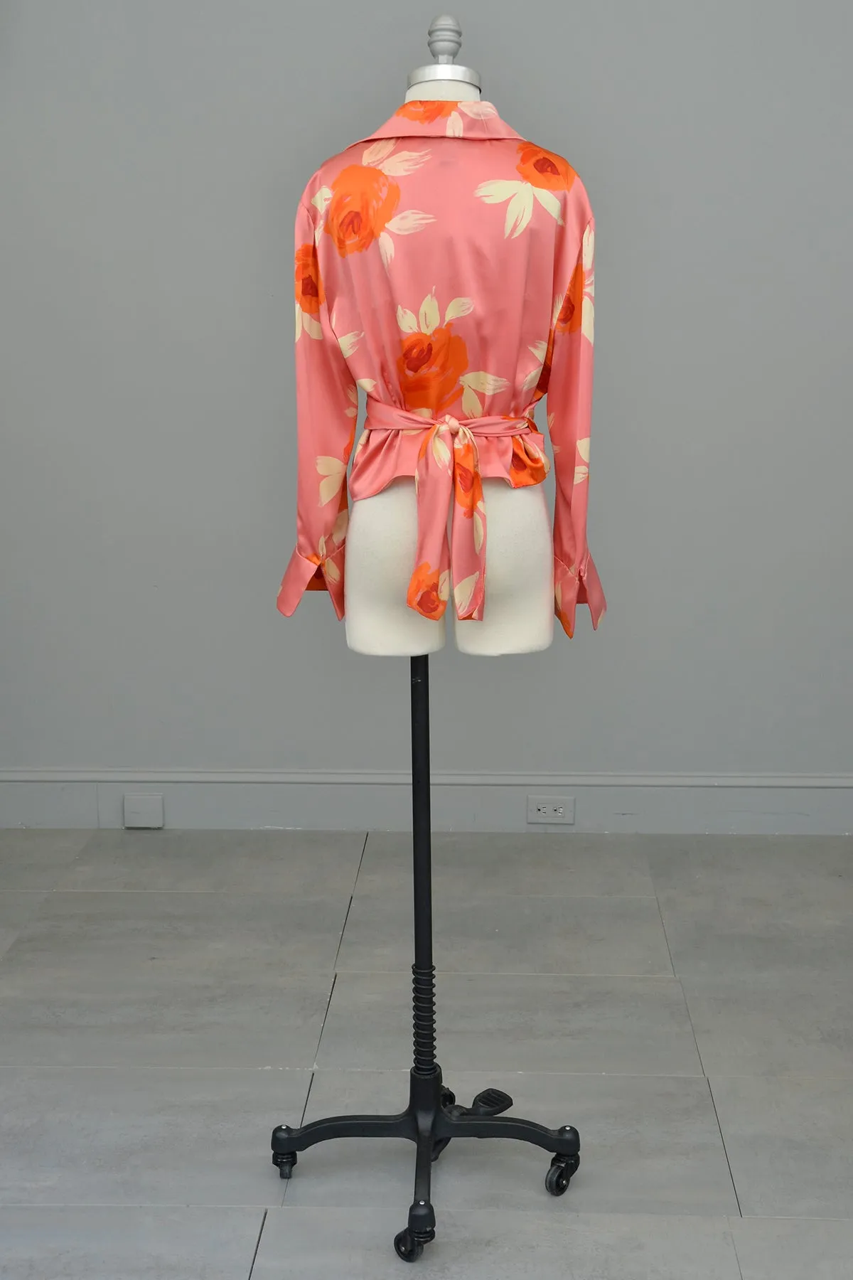 1980s Pink Silk Floral Rose Print Wrap Front Blouse by Ellen Tracy