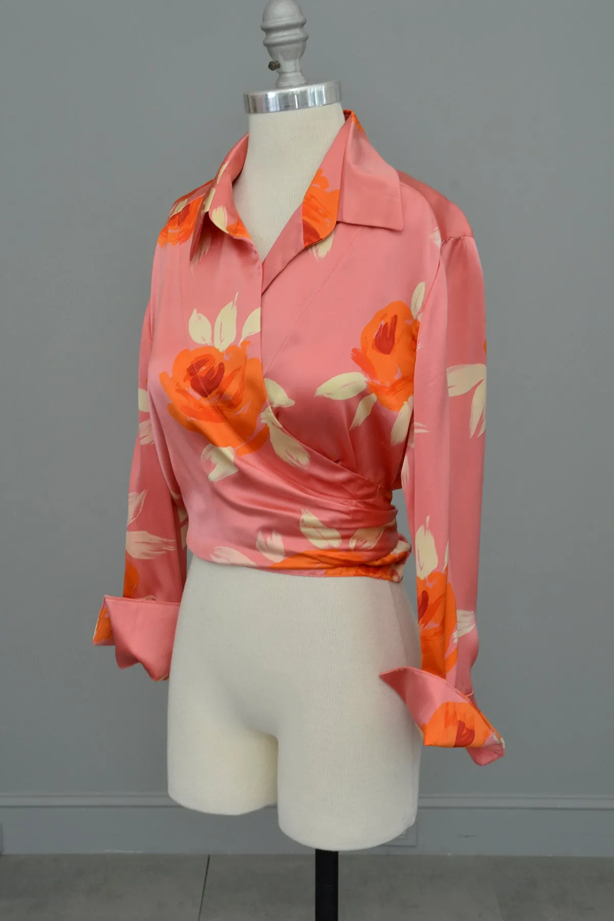 1980s Pink Silk Floral Rose Print Wrap Front Blouse by Ellen Tracy