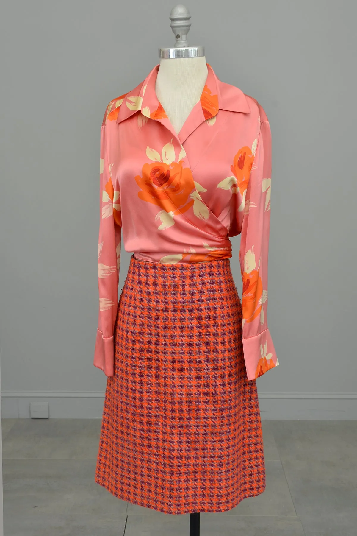 1980s Pink Silk Floral Rose Print Wrap Front Blouse by Ellen Tracy