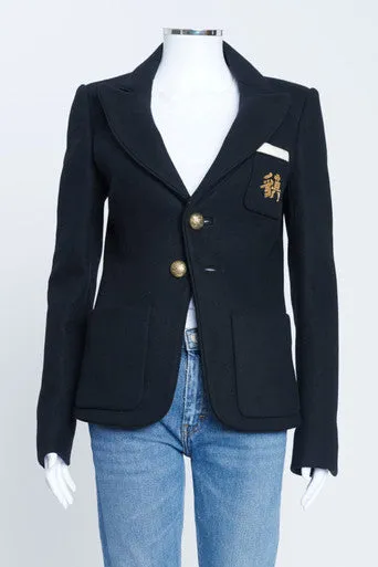 2007 Black Wool Blazer With Breast Pocket Embroidery And Gold Buttons