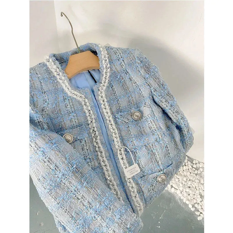 2023 Autumn Blazer Women Small Fragrant Woven Tweed Gentle Elegant Short Qulited Plaid Jacket Office Lady Cardigan Tops Coat