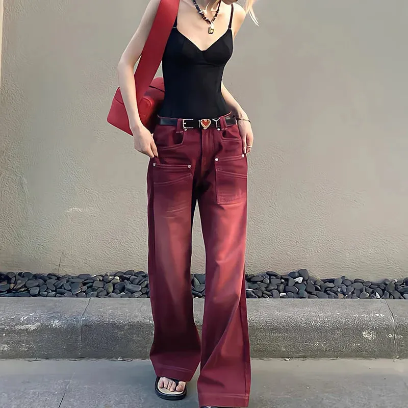 2024 Streetwear Distressed Wide Leg Denim Trousers in Mopping Red