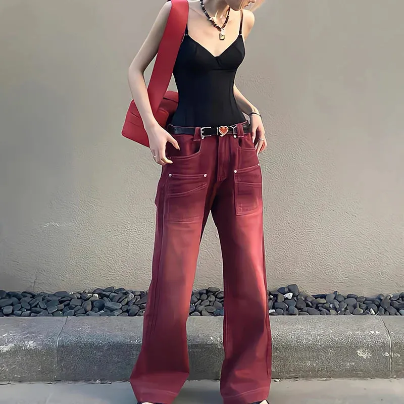 2024 Streetwear Distressed Wide Leg Denim Trousers in Mopping Red