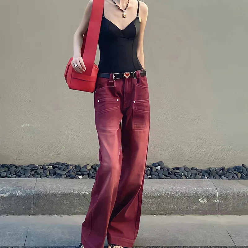 2024 Streetwear Distressed Wide Leg Denim Trousers in Mopping Red