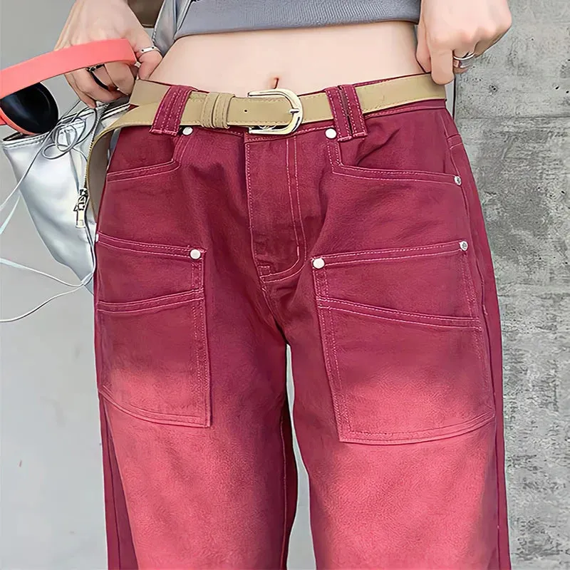 2024 Streetwear Distressed Wide Leg Denim Trousers in Mopping Red