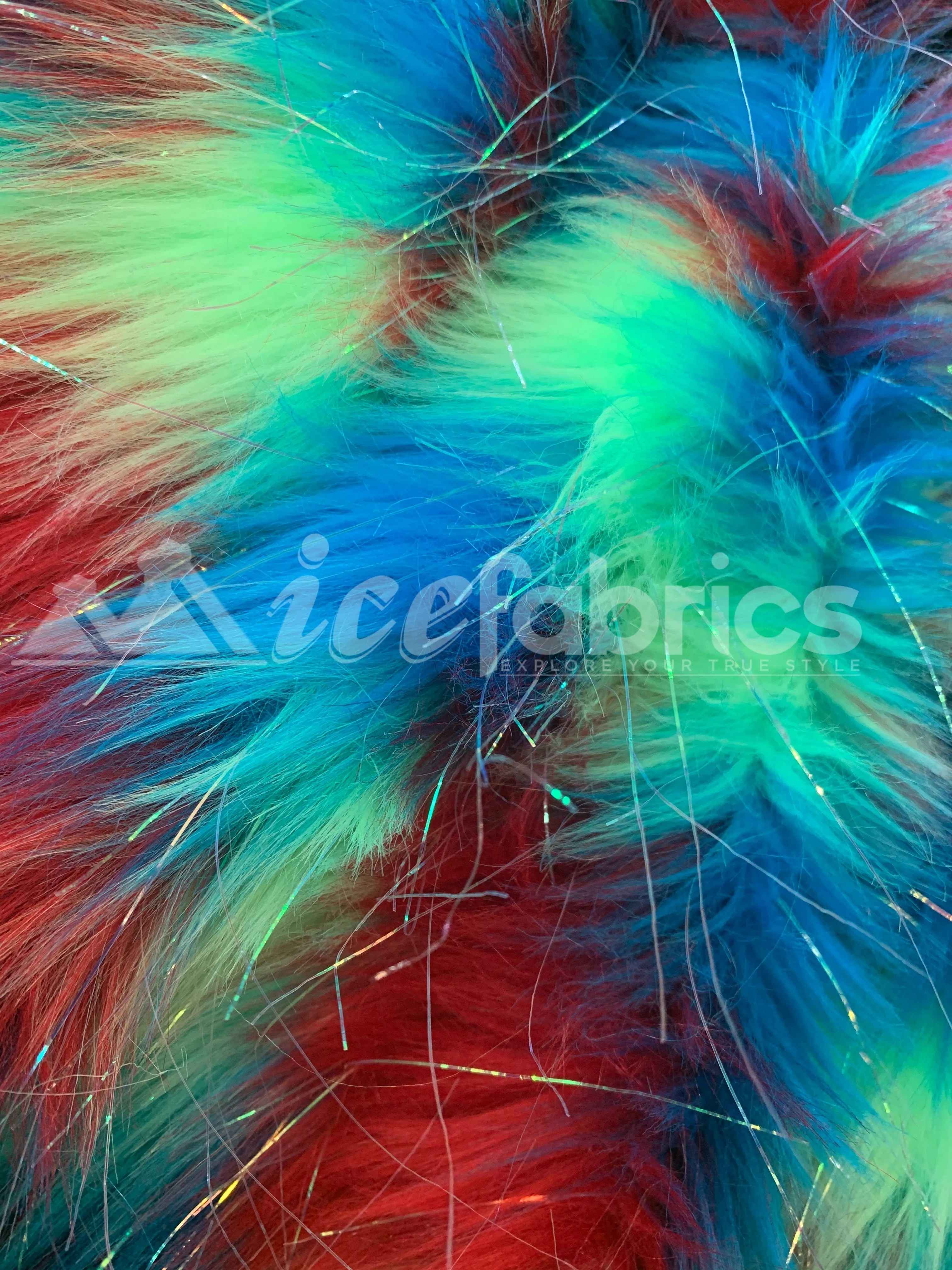 3 Tone Rainbow Tinsel 3.5" long Pile Red, Blue, and Green Faux Fur Fabric By The Yard