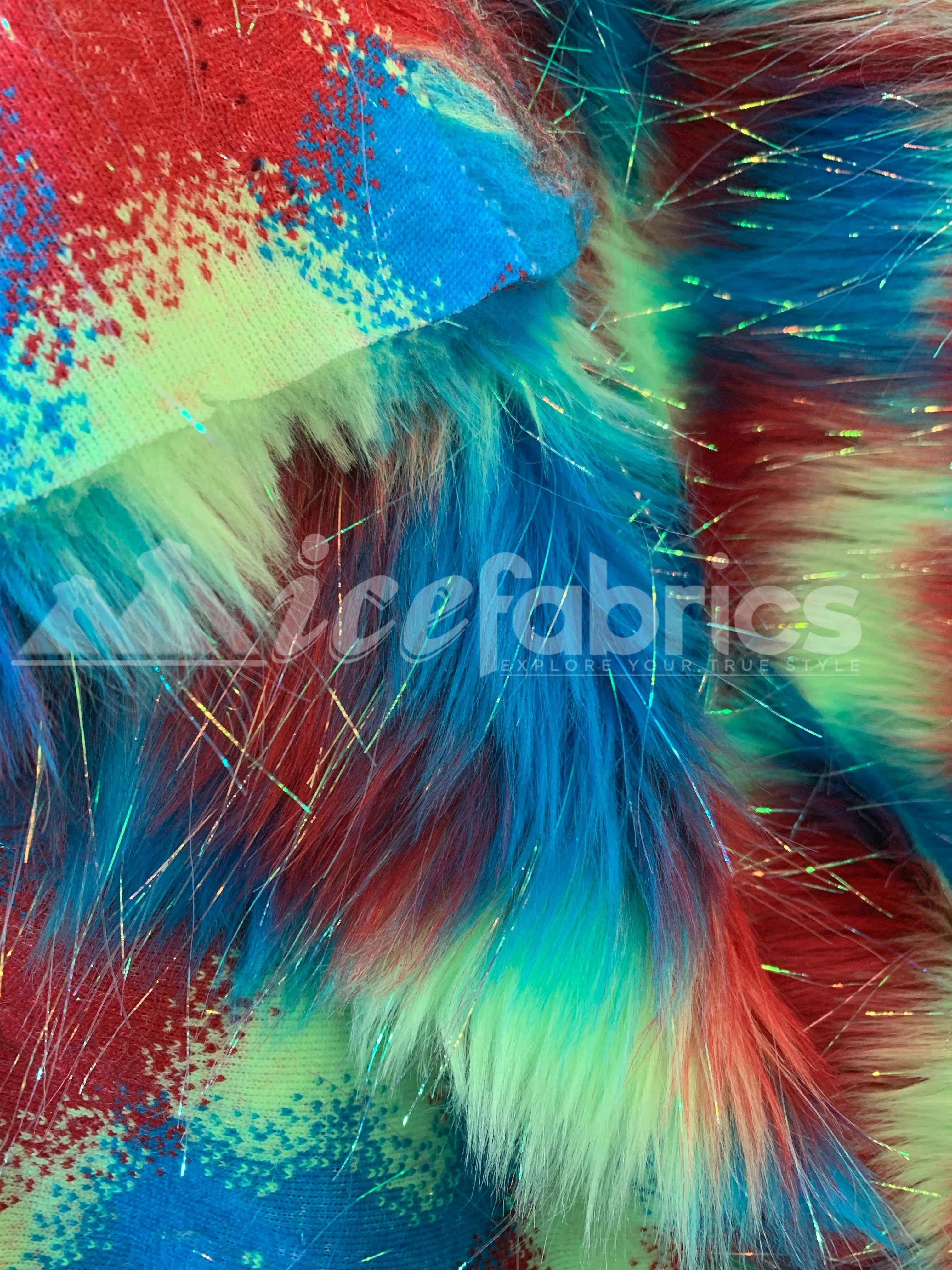 3 Tone Rainbow Tinsel 3.5" long Pile Red, Blue, and Green Faux Fur Fabric By The Yard