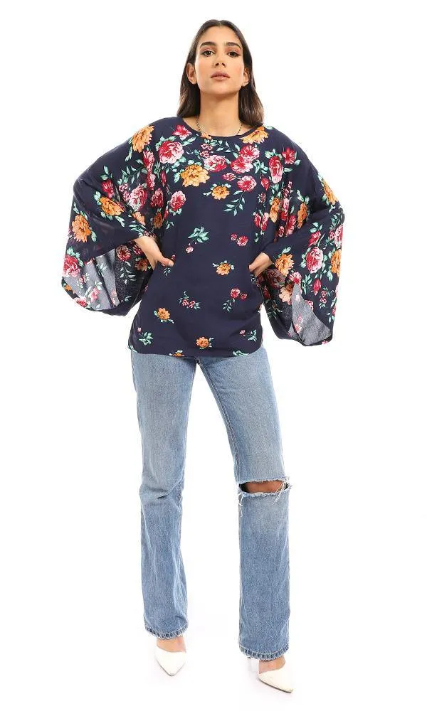 57919 Round Neck Loose Fit Floral Blouse - Navy Blue