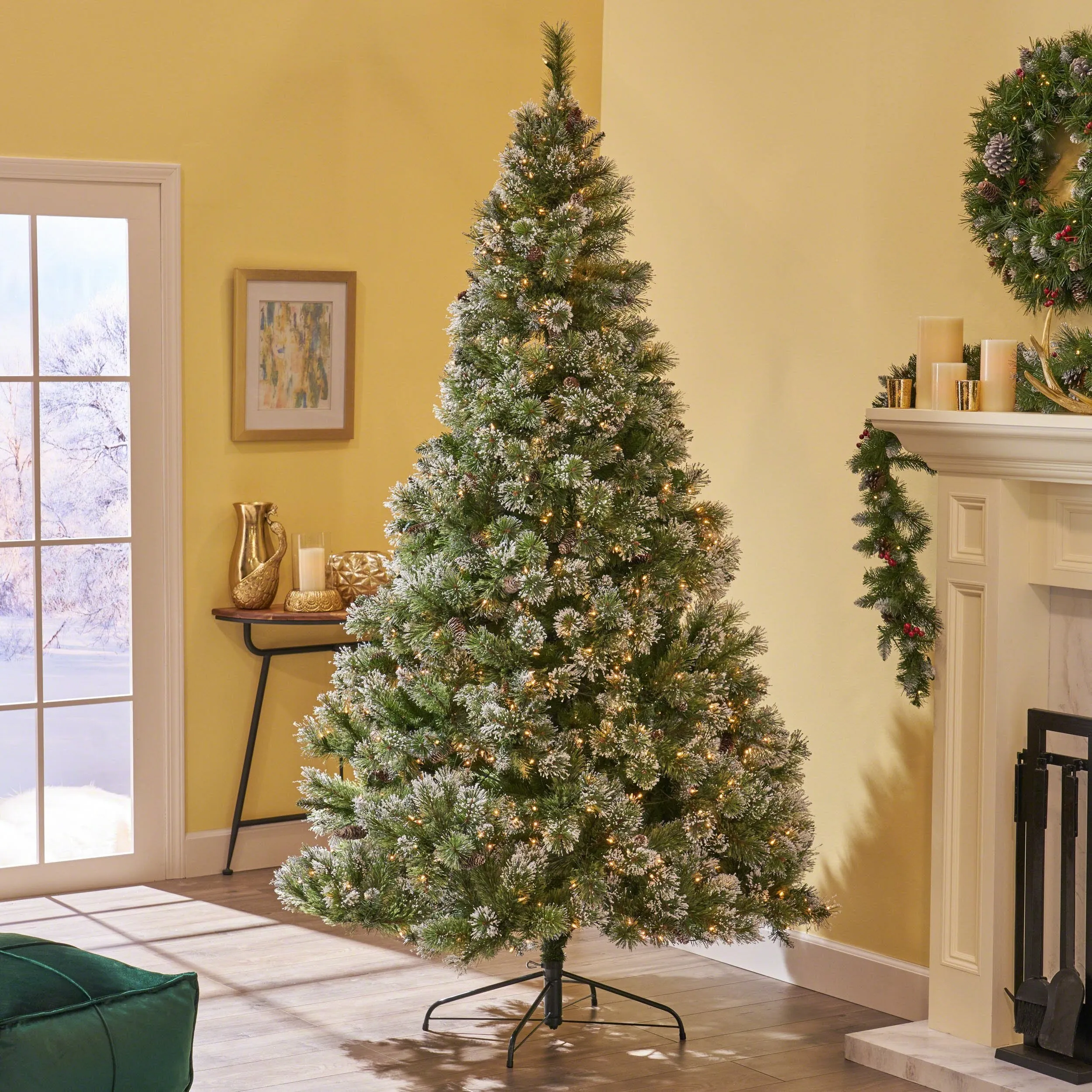 7.5-foot Cashmere Pine and Mixed Needles Hinged Artificial Christmas Tree with Snow and Glitter Branches and Frosted Pinecones - NH333703