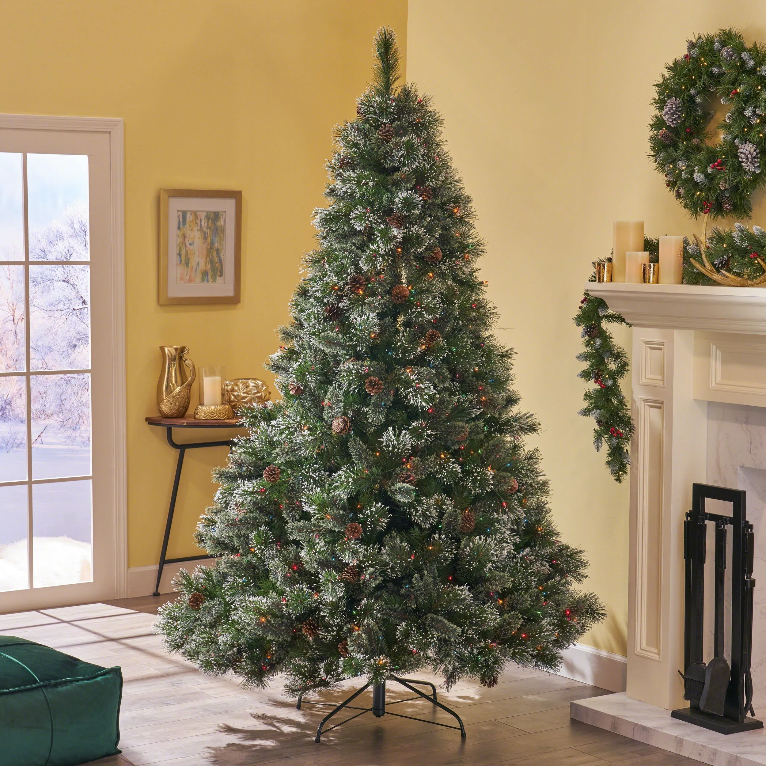 9-foot Cashmere Pine and Mixed Needles Hinged Artificial Christmas Tree with Snowy Branches and Pinecones - NH363703