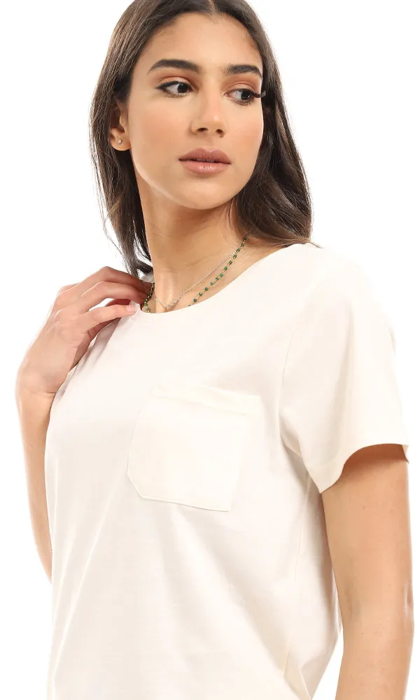 94644 Casual Round Neck T-Shirt With Side Pocket - Cream