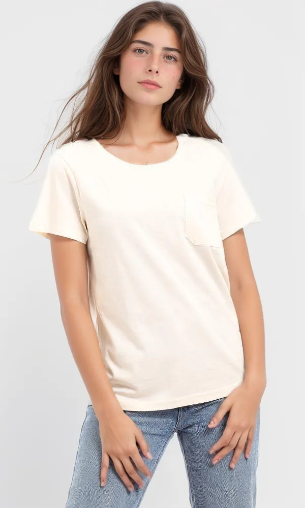 94644 Casual Round Neck T-Shirt With Side Pocket - Cream