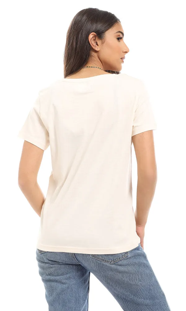 94644 Casual Round Neck T-Shirt With Side Pocket - Cream