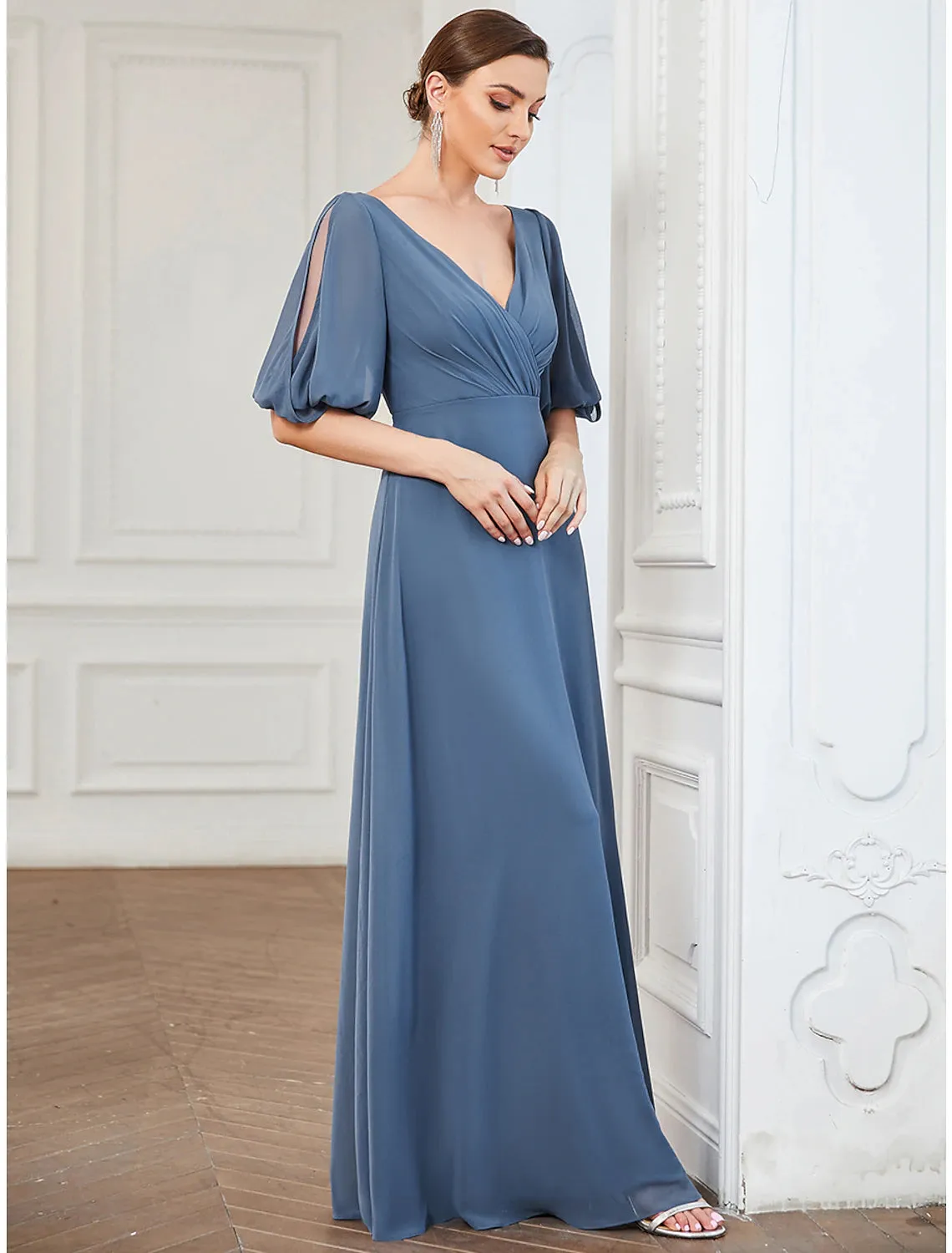 A-Line Evening Gown Minimalist Dress Wedding Guest Prom Floor Length Half Sleeve V Neck Chiffon with Pleats