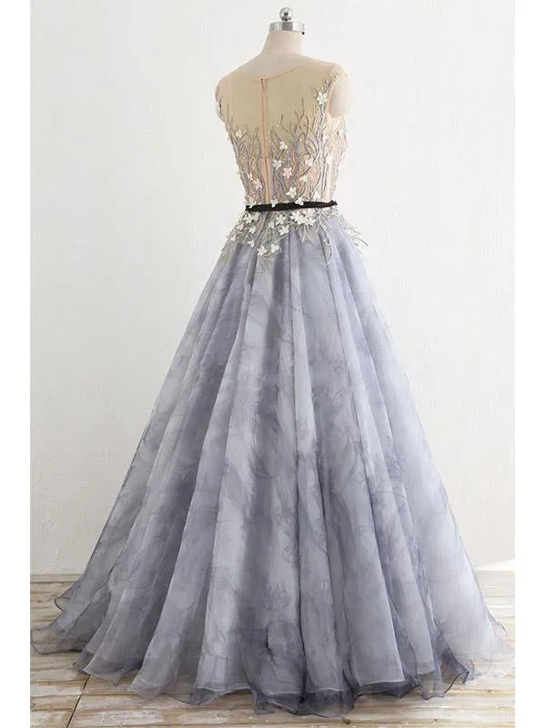 A-line Gray Rround Neck Tulle Long Prom Dress Grey Evening Dress, OL648