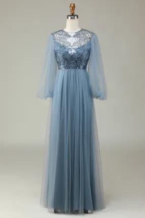 A Line Grey Blue Sequin Long Sleeves Bridesmaid Dress