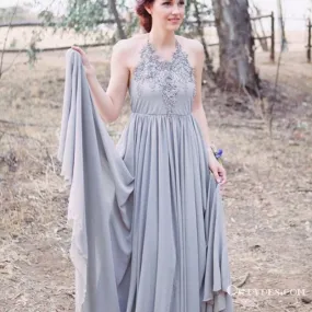 A-Line Halter Backless Grey Chiffon Bridesmaid Dresses with Appliques, TYP1839