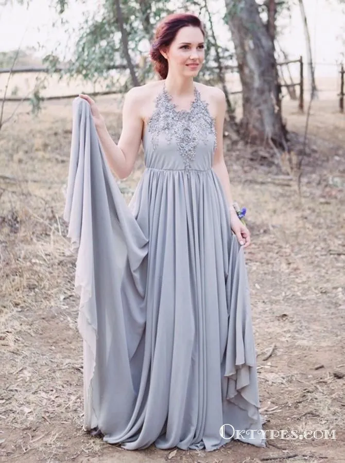 A-Line Halter Backless Grey Chiffon Bridesmaid Dresses with Appliques, TYP1839