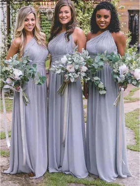 A-line One Shoulder Light Grey Chiffon Bridesmaid Dresses, BG169