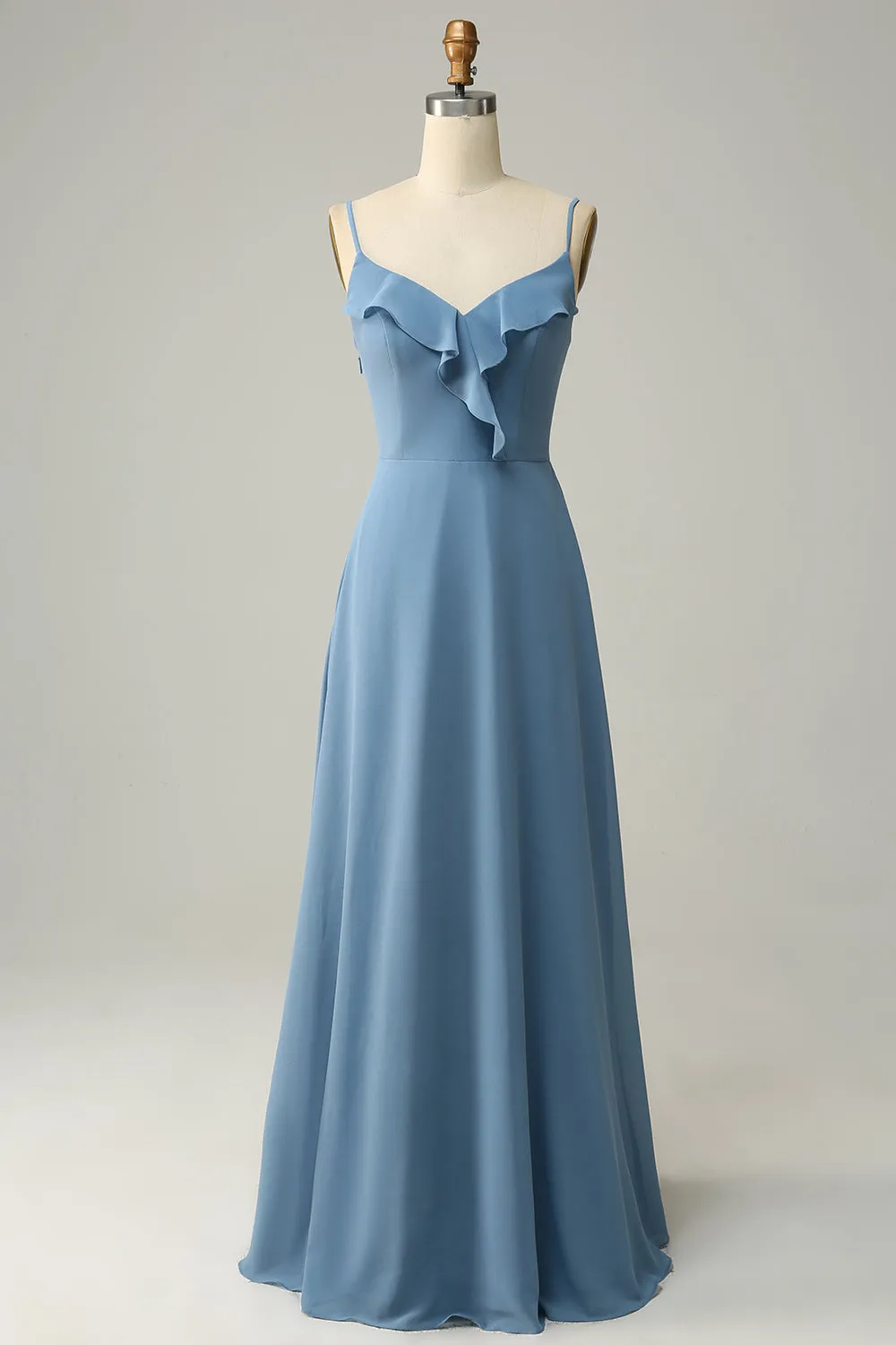 A Line Spaghetti Straps Grey Blue Long Bridesmaid Dress with Criss Cross Back