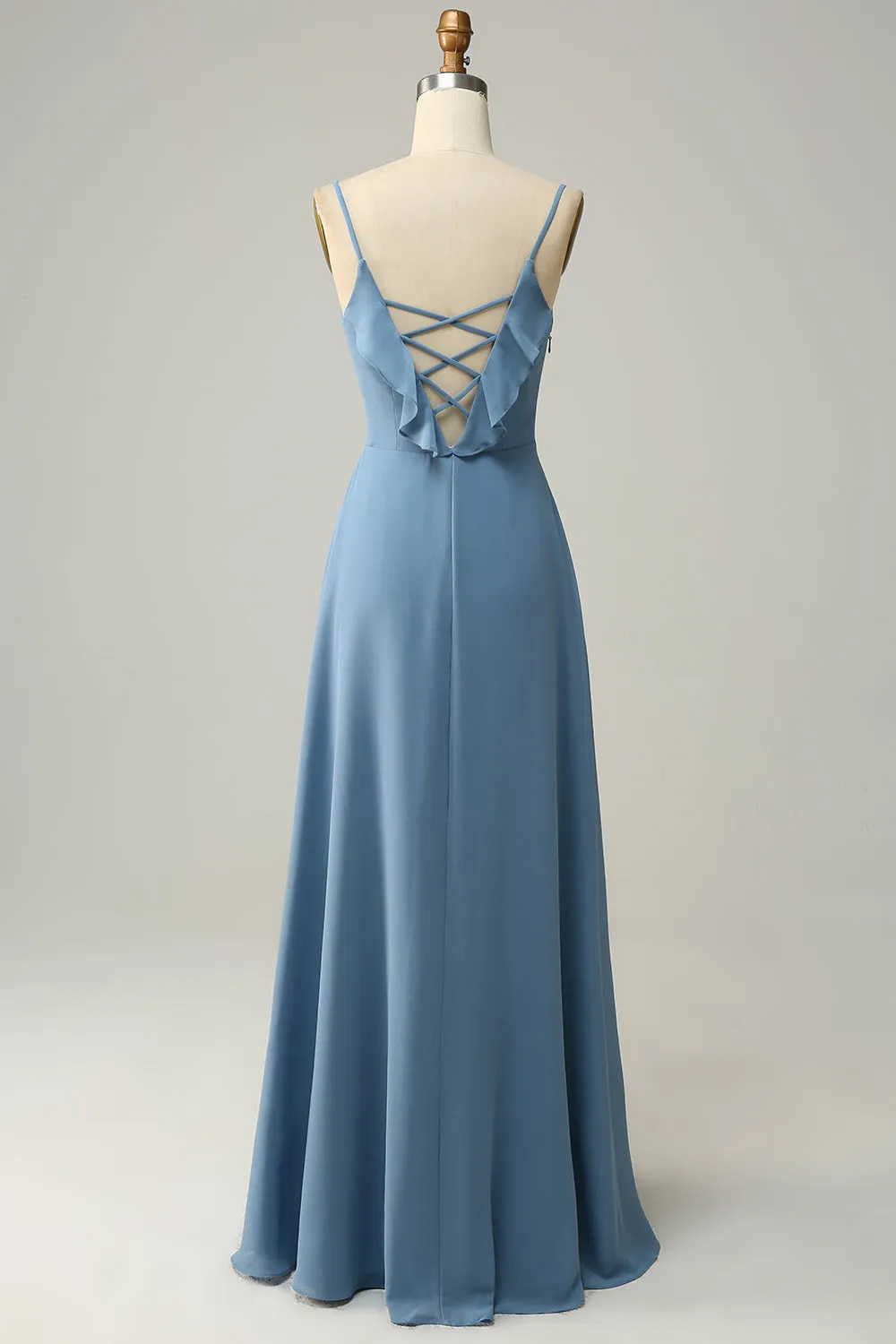 A Line Spaghetti Straps Grey Blue Long Bridesmaid Dress with Criss Cross Back