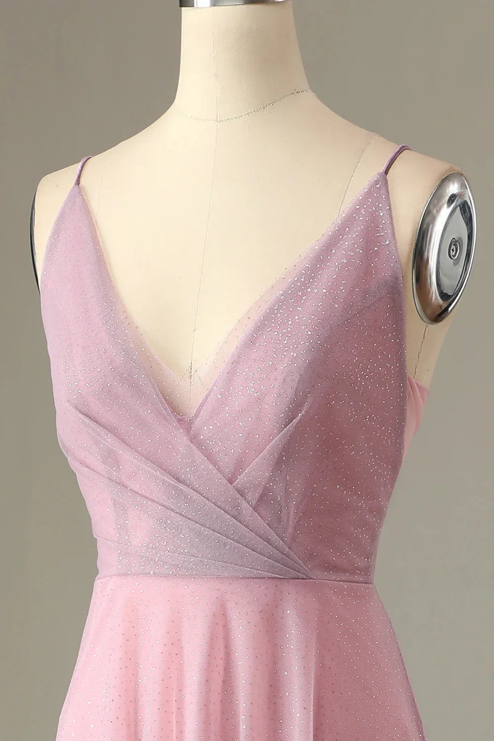 A Line Spaghetti Straps Grey Pink Bridesmaid Dress V-Neck Wedding Guest Dress