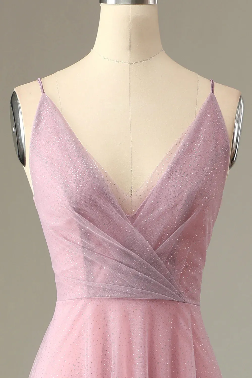 A Line Spaghetti Straps Grey Pink Bridesmaid Dress V-Neck Wedding Guest Dress