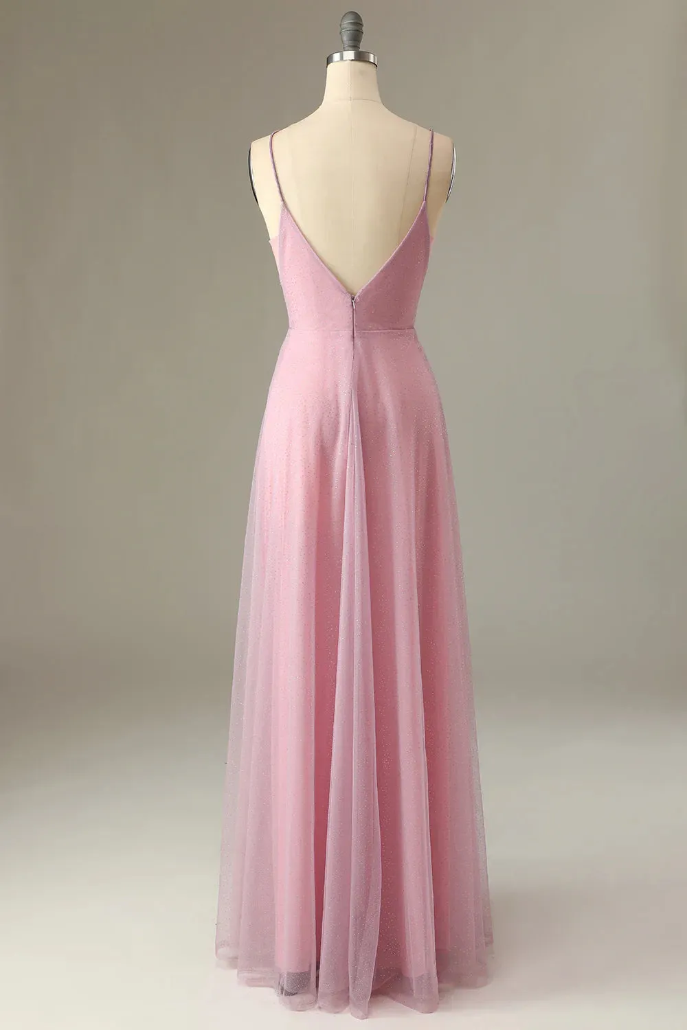 A Line Spaghetti Straps Grey Pink Bridesmaid Dress V-Neck Wedding Guest Dress