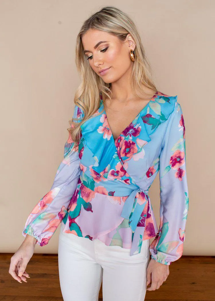 Adelyn Rae Maisy Floral Pastel Wrap Blouse-***FINAL SALE***