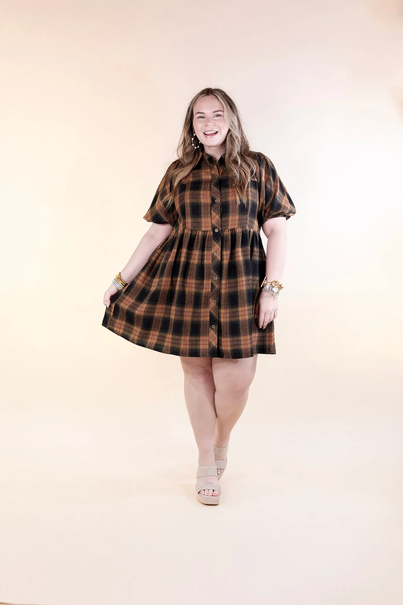 Adventures Ahead Plaid Button Up Babydoll Dress in Camel Brown