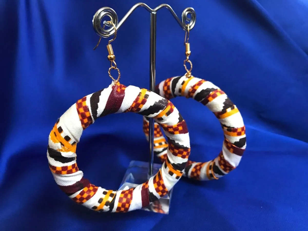 African Hoops in Black Orange White Print - Up cycled Zero Waste Earrings