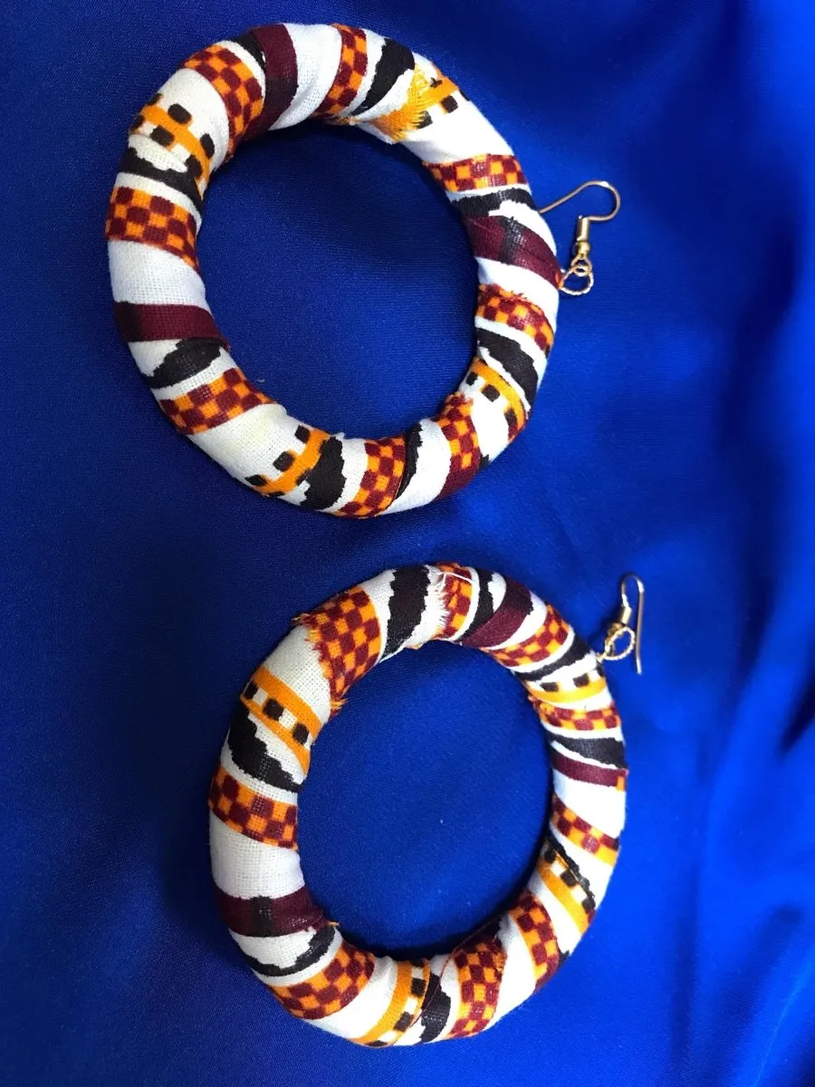 African Hoops in Black Orange White Print - Up cycled Zero Waste Earrings