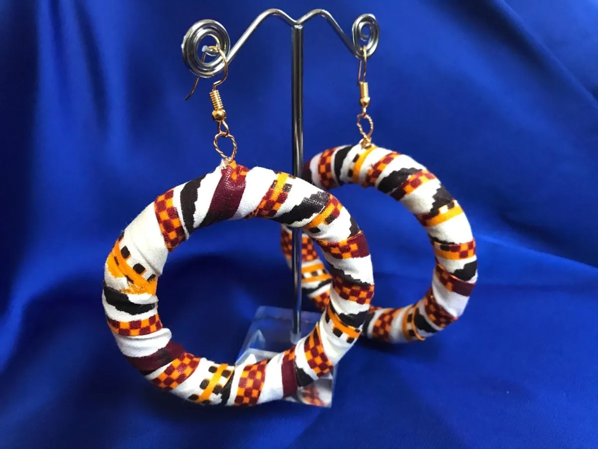 African Hoops in Black Orange White Print - Up cycled Zero Waste Earrings