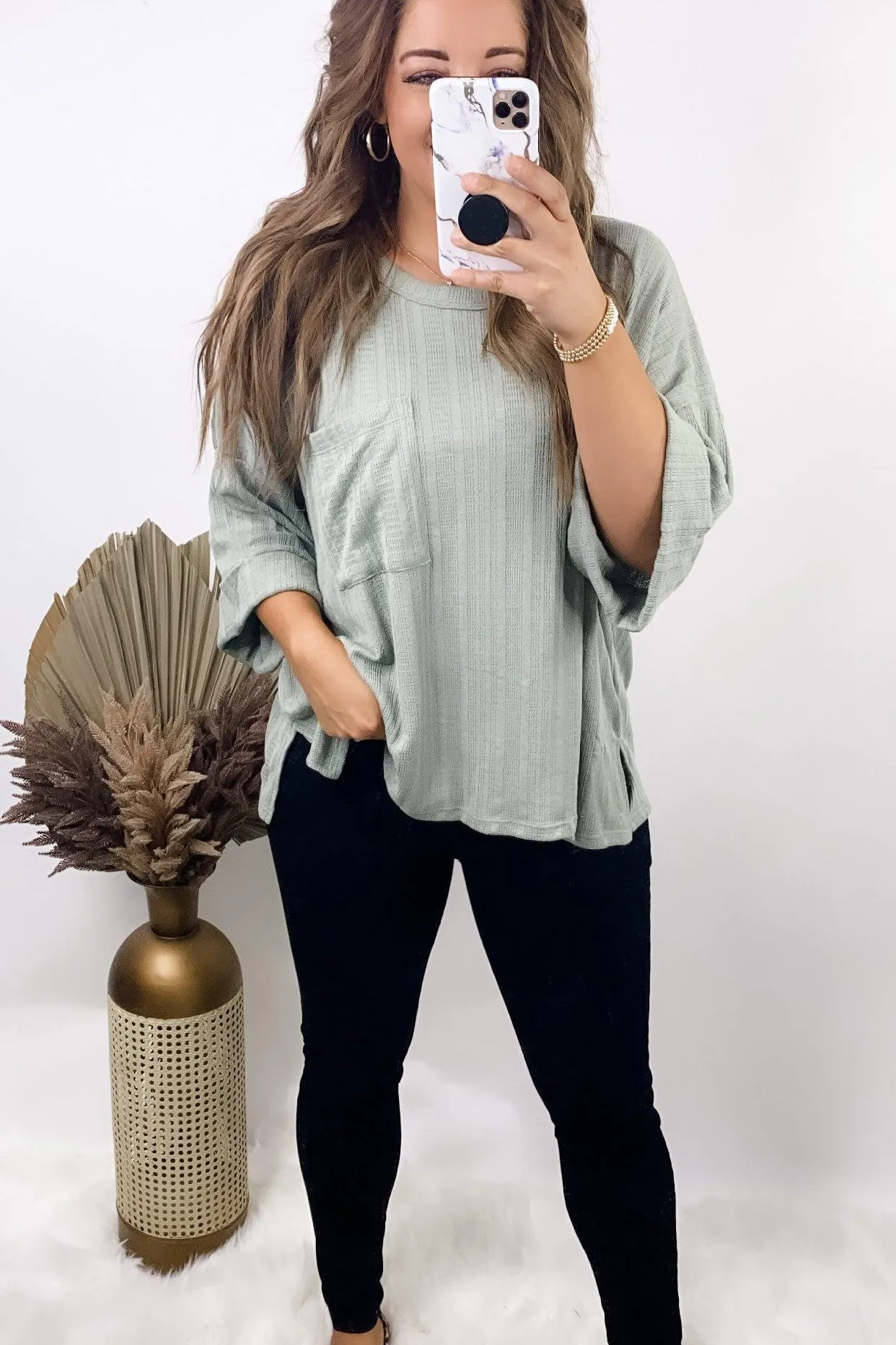 Ain't No Lie- {Black, Sage & Taupe} Ribbed Knit 3/4 Sleeve Top w/ Front Pocket