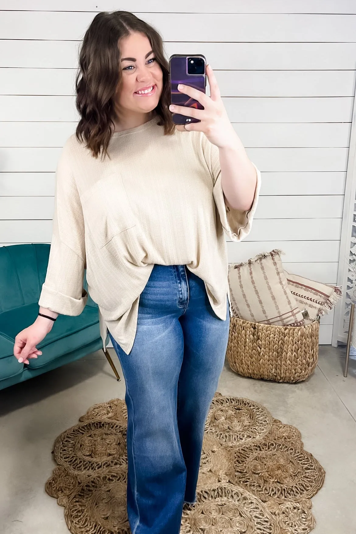 Ain't No Lie- {Black, Sage & Taupe} Ribbed Knit 3/4 Sleeve Top w/ Front Pocket