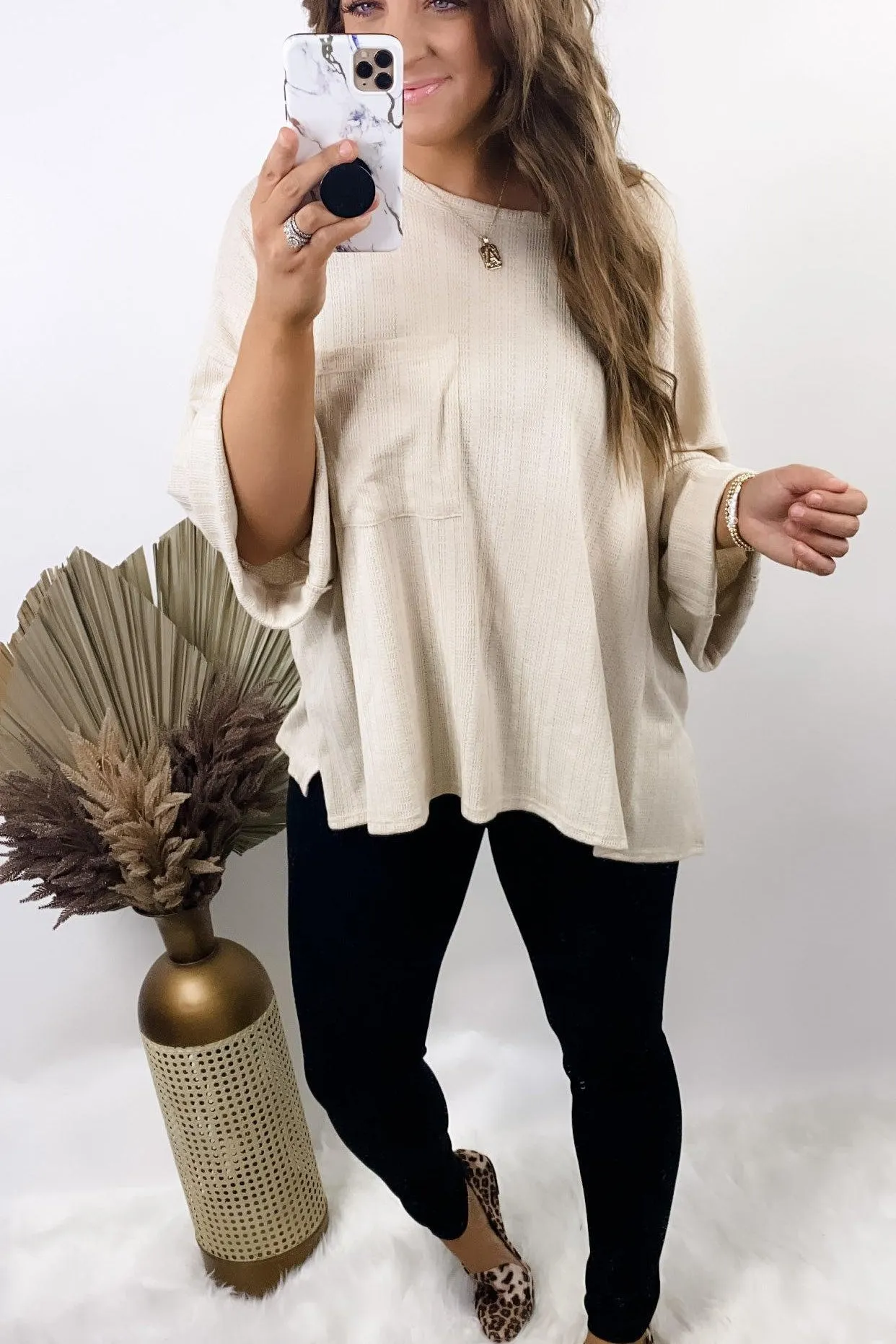 Ain't No Lie- {Black, Sage & Taupe} Ribbed Knit 3/4 Sleeve Top w/ Front Pocket