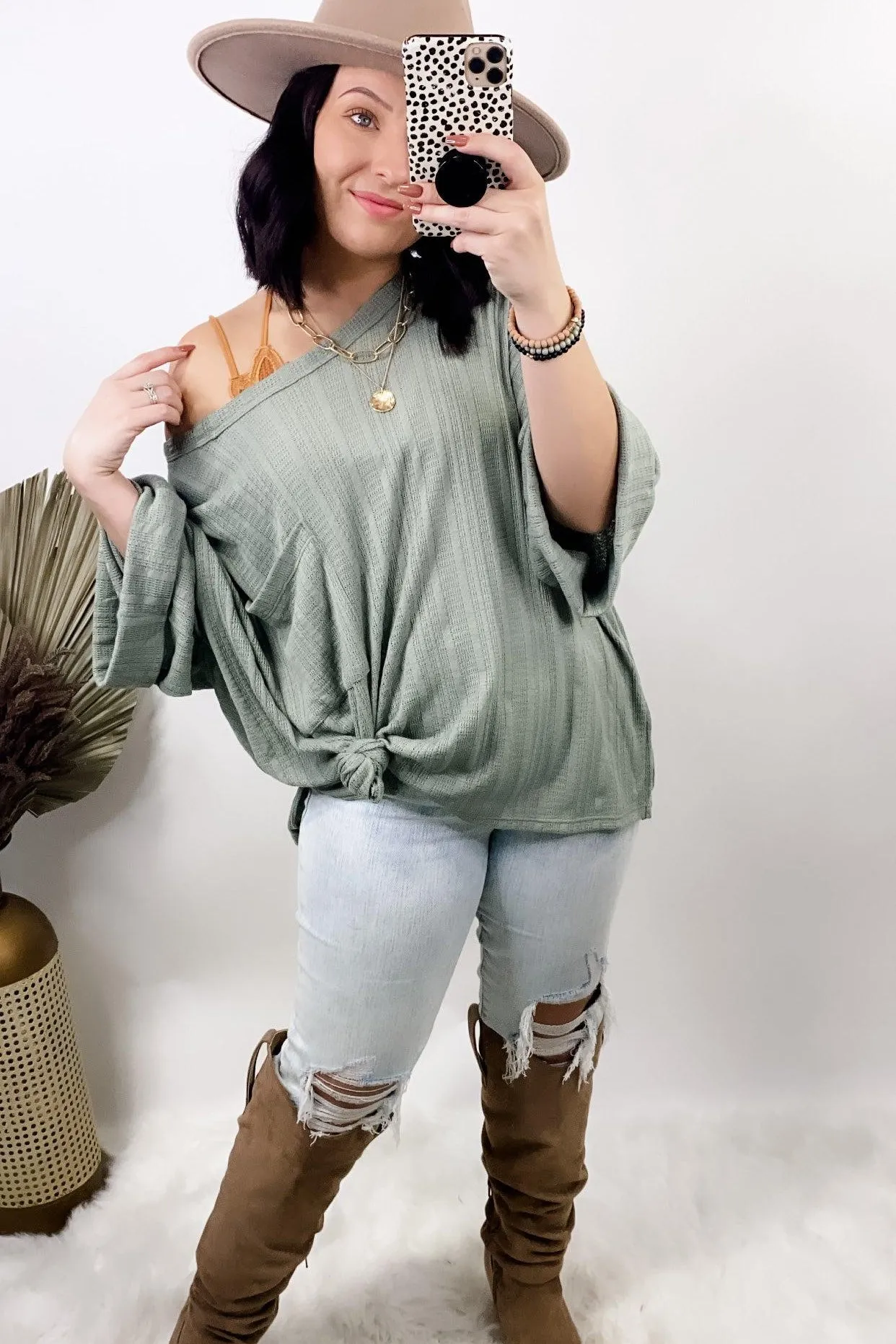 Ain't No Lie- {Black, Sage & Taupe} Ribbed Knit 3/4 Sleeve Top w/ Front Pocket